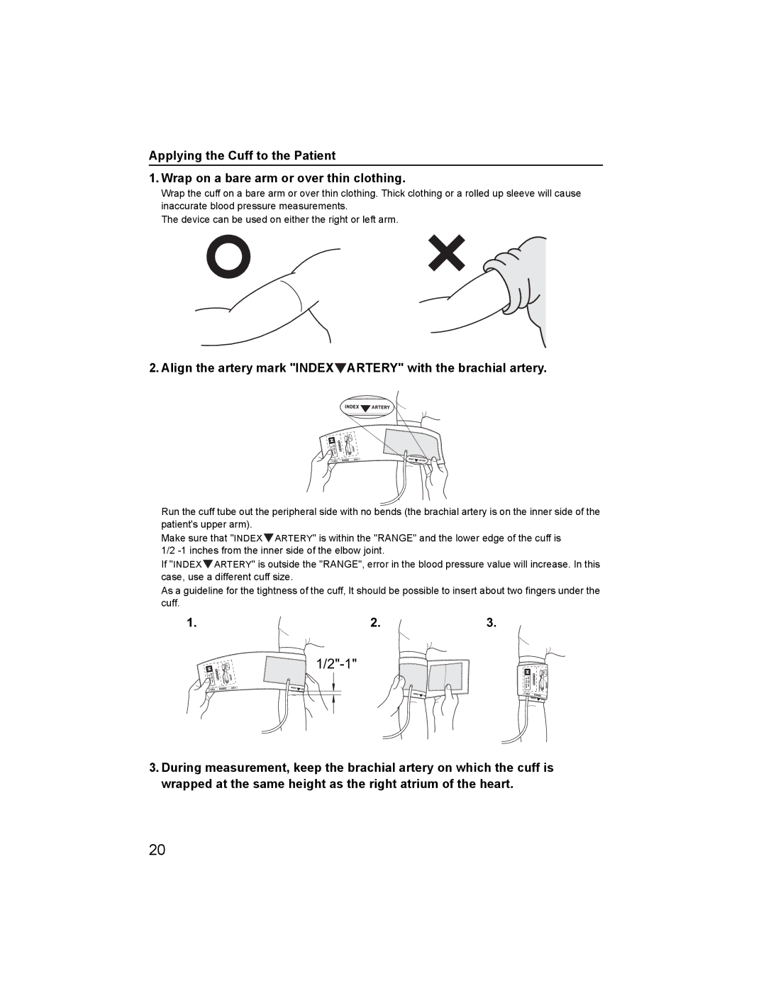 Omron HBP-1300 specifications Align the artery mark Index Artery with the brachial artery 