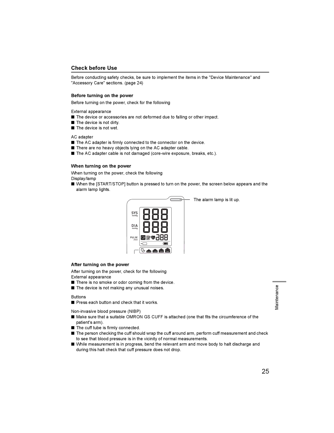 Omron HBP-1300 Check before Use, Before turning on the power, When turning on the power, After turning on the power 