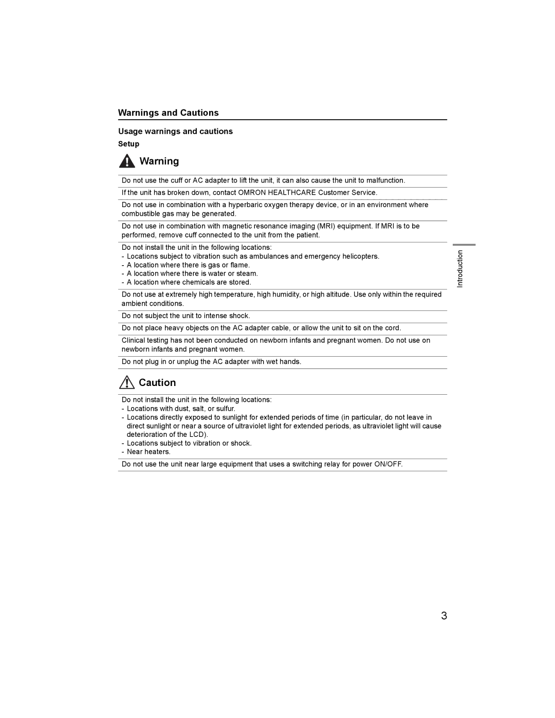 Omron HBP-1300 specifications Usage warnings and cautions, Setup 