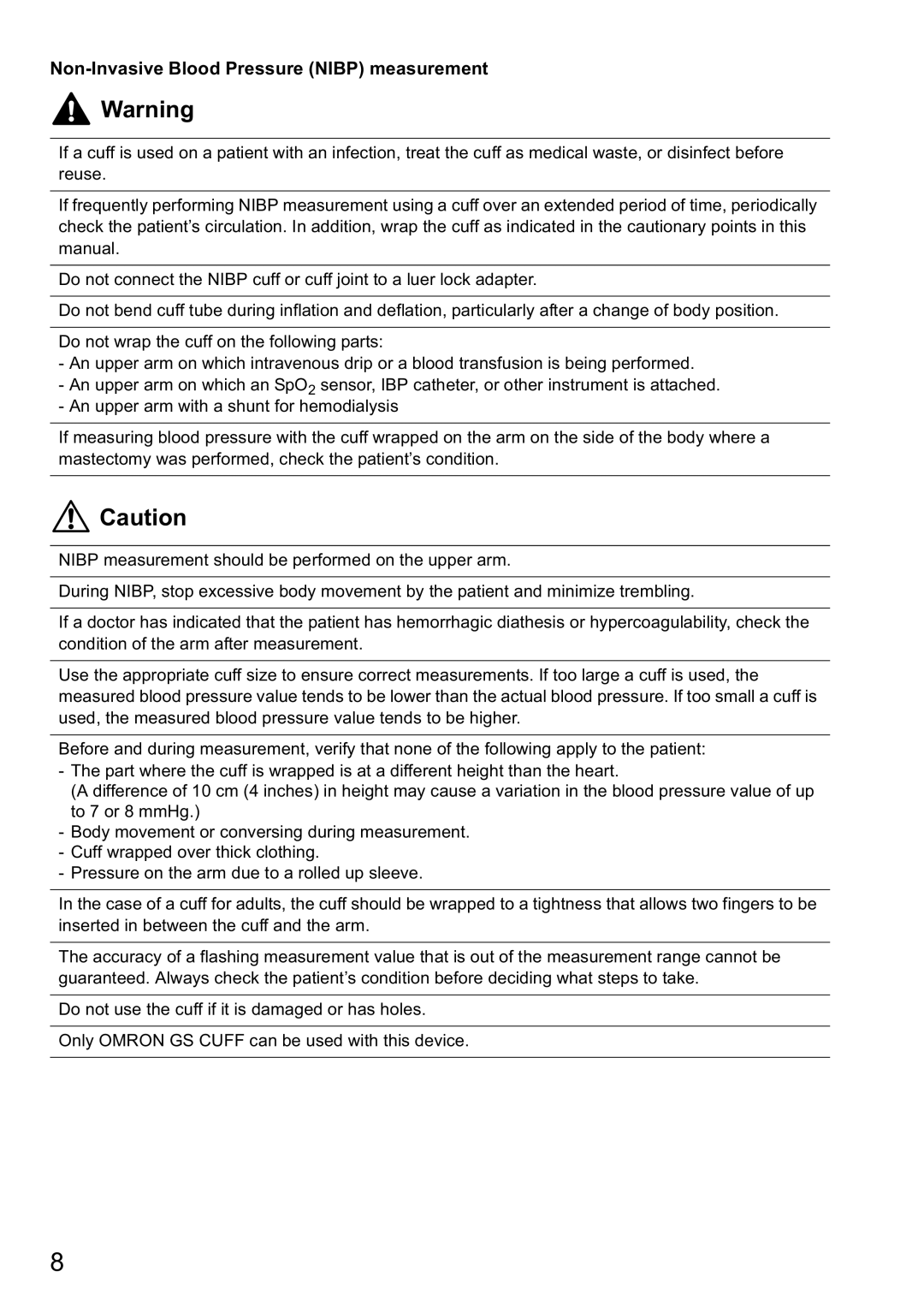 Omron HBP-1300 instruction manual Non-Invasive Blood Pressure Nibp measurement 