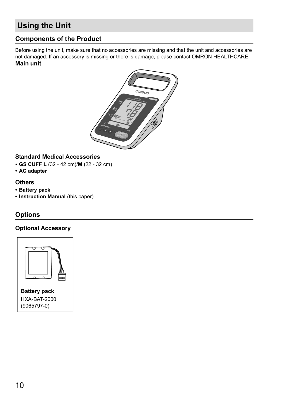 Omron HBP-1300 instruction manual Using the Unit, Components of the Product, Options 