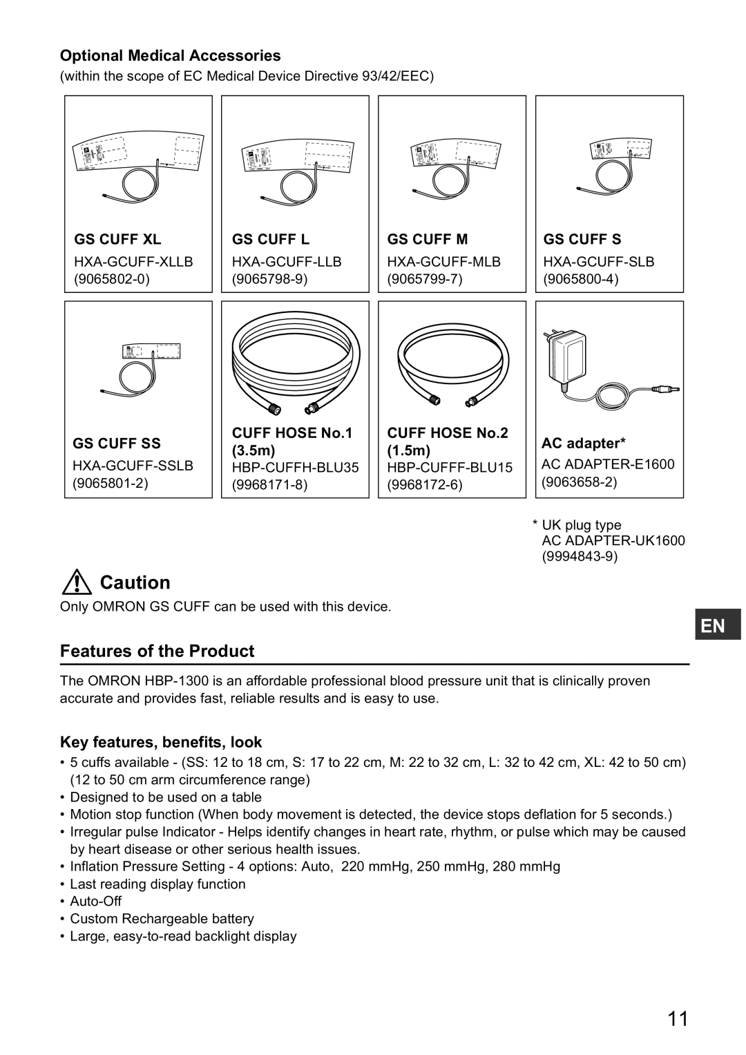 Omron HBP-1300 instruction manual Features of the Product, Optional Medical Accessories, Key features, benefits, look 