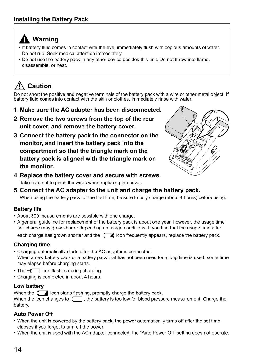 Omron HBP-1300 instruction manual Installing the Battery Pack, Battery life, Charging time, Low battery, Auto Power Off 