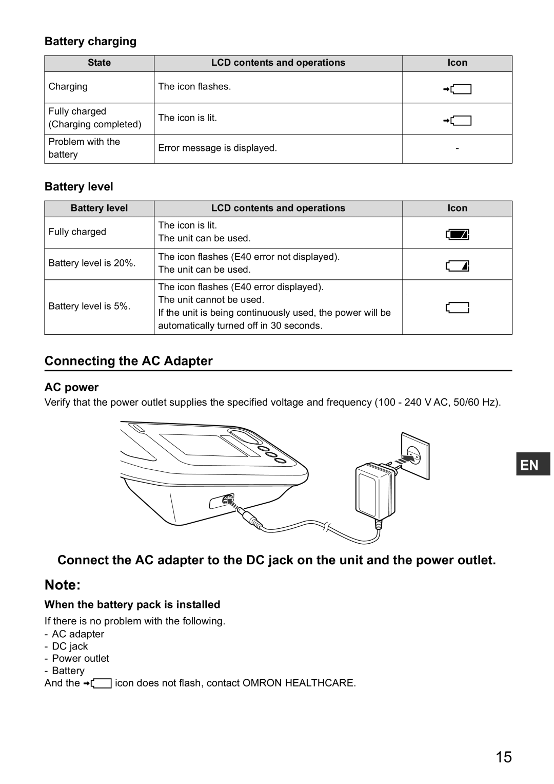 Omron HBP-1300 Connecting the AC Adapter, Battery charging, Battery level, AC power, When the battery pack is installed 