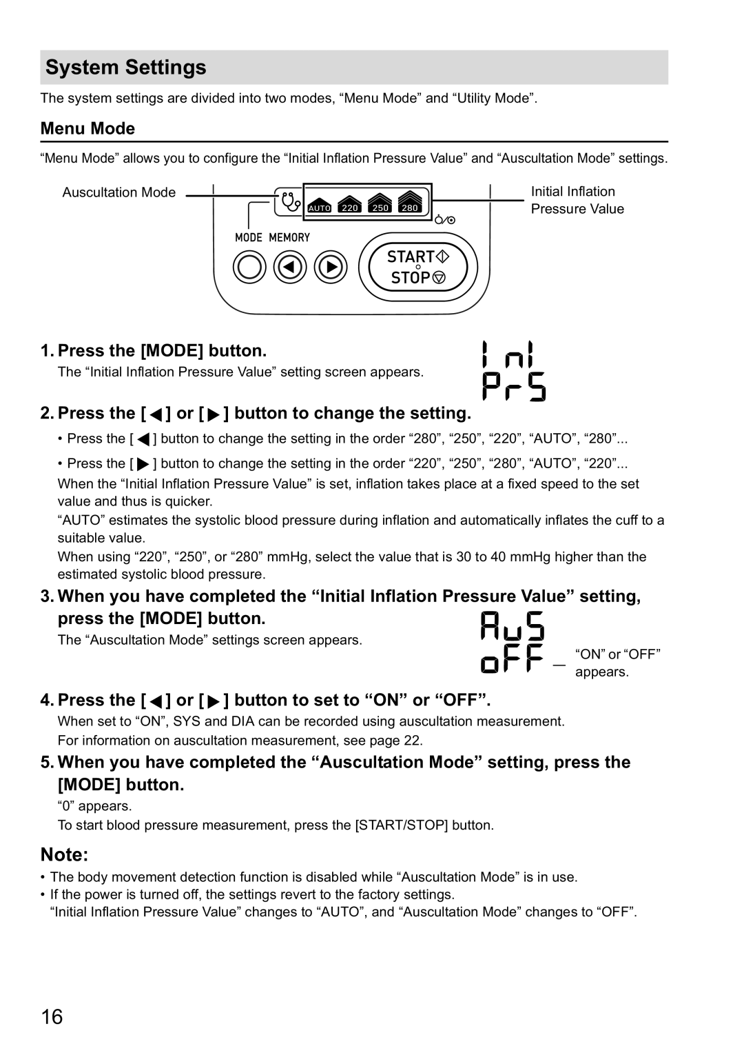 Omron HBP-1300 System Settings, Menu Mode, Press the Mode button, Press the or button to change the setting 