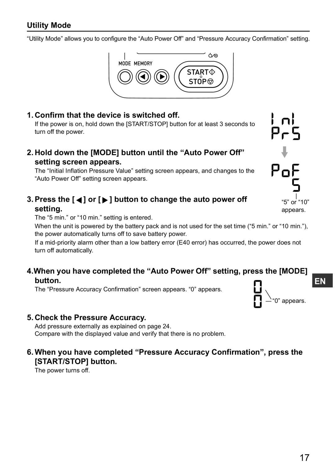 Omron HBP-1300 instruction manual Utility Mode, Confirm that the device is switched off, Check the Pressure Accuracy 