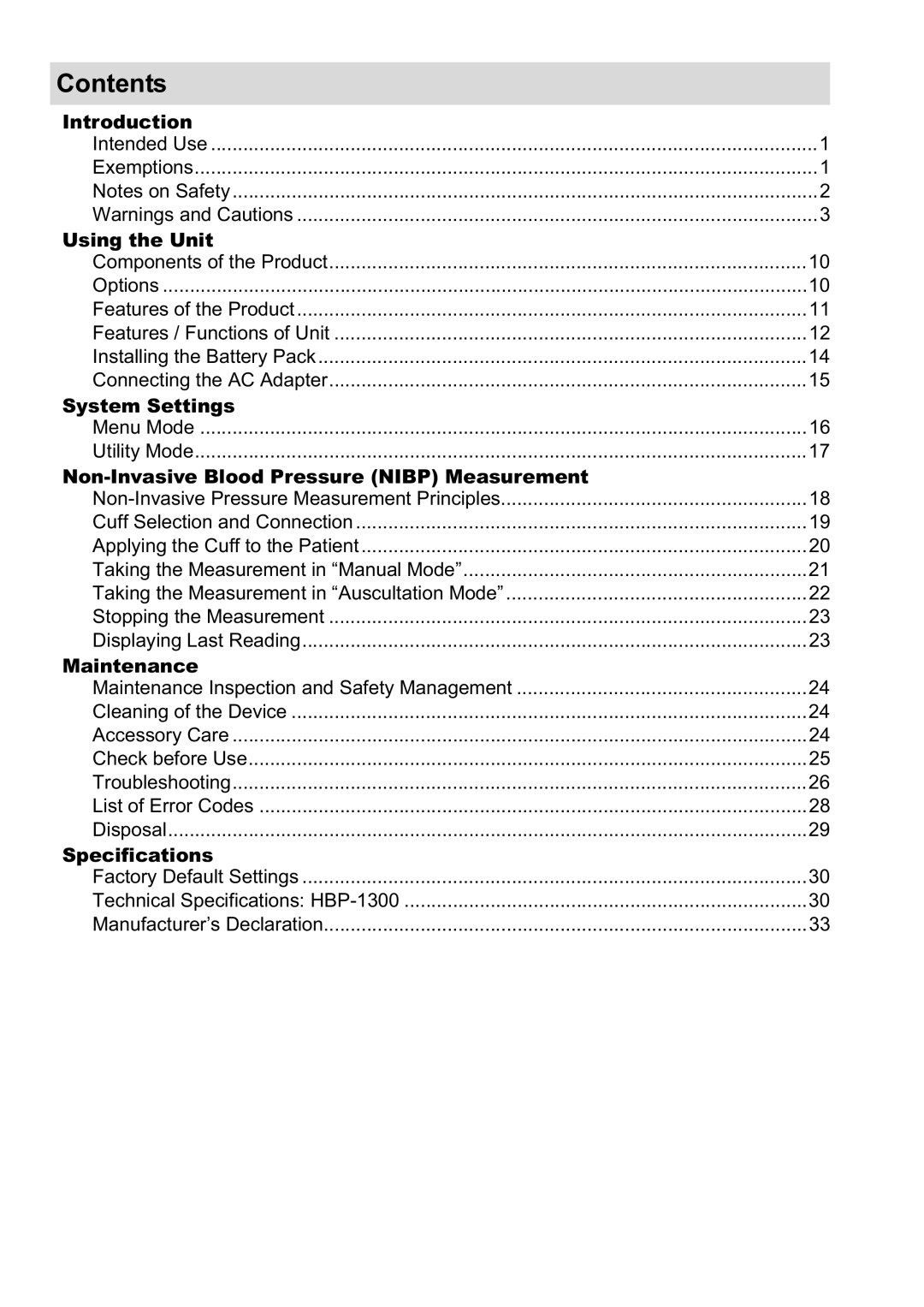 Omron HBP-1300 instruction manual Contents 