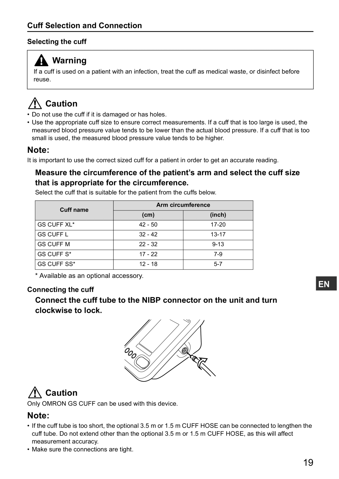 Omron HBP-1300 Cuff Selection and Connection, Selecting the cuff, Connecting the cuff, Cuff name Arm circumference Inch 