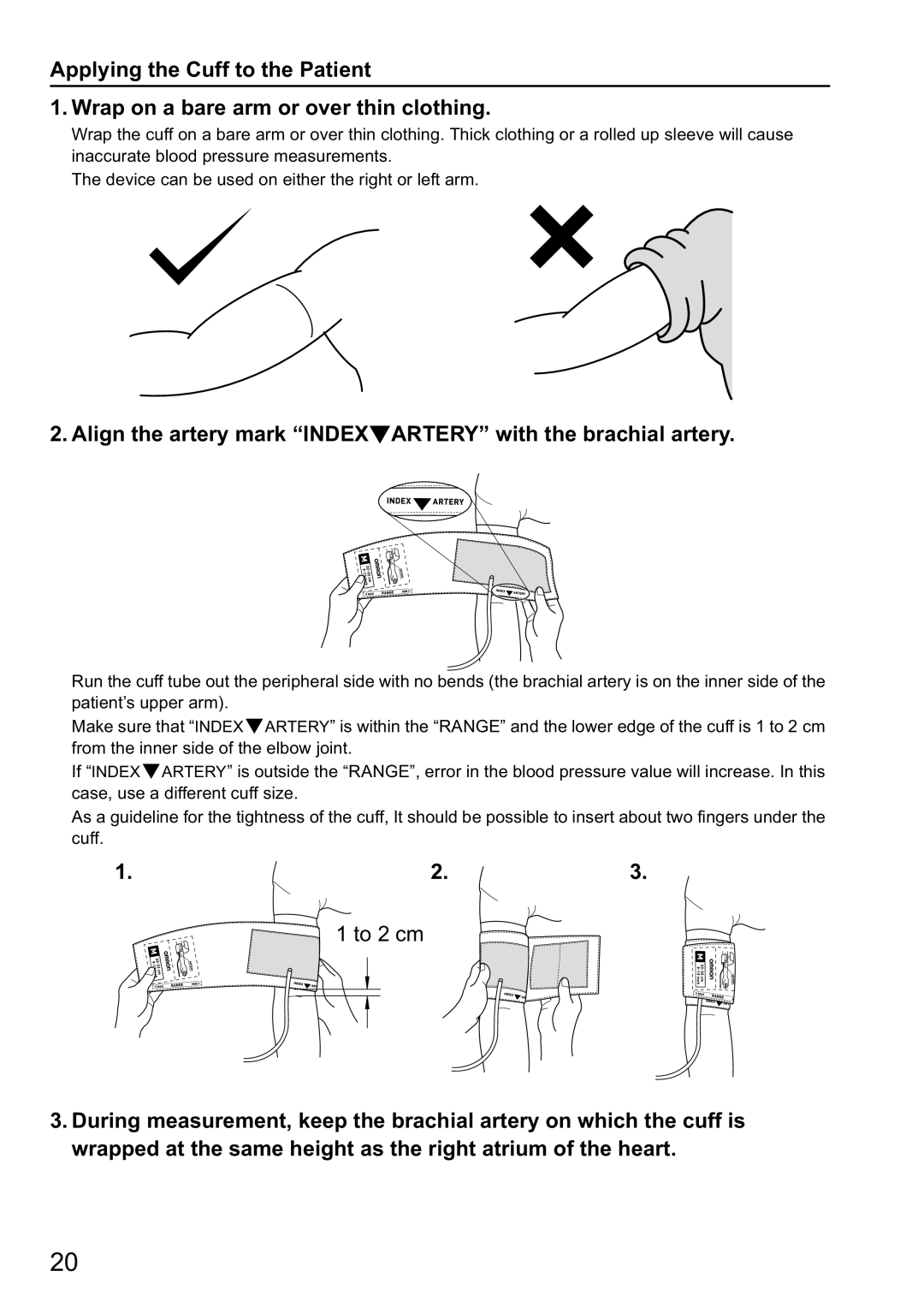 Omron HBP-1300 instruction manual To 2 cm, Align the artery mark Index Artery with the brachial artery 