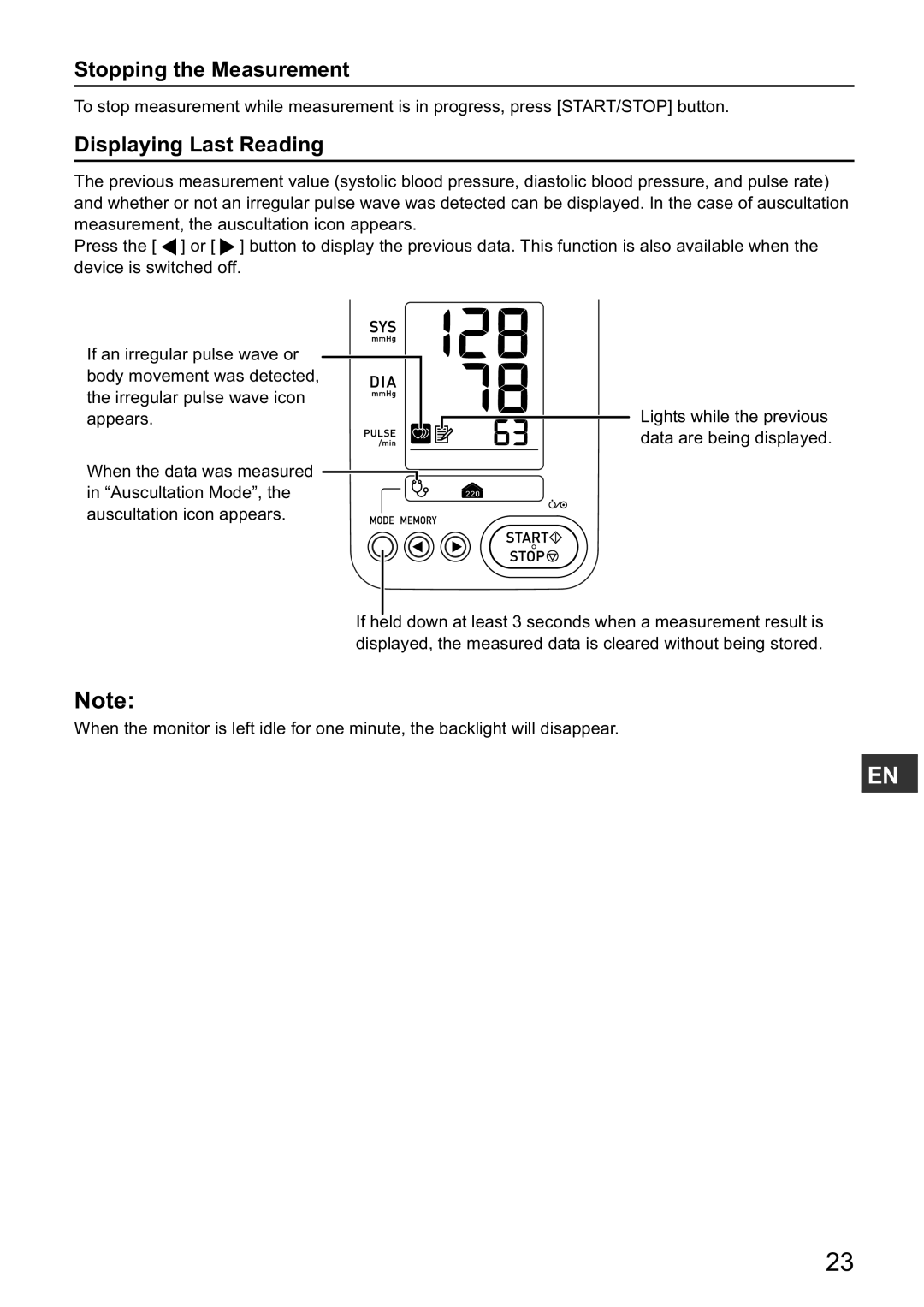 Omron HBP-1300 instruction manual Stopping the Measurement, Displaying Last Reading 