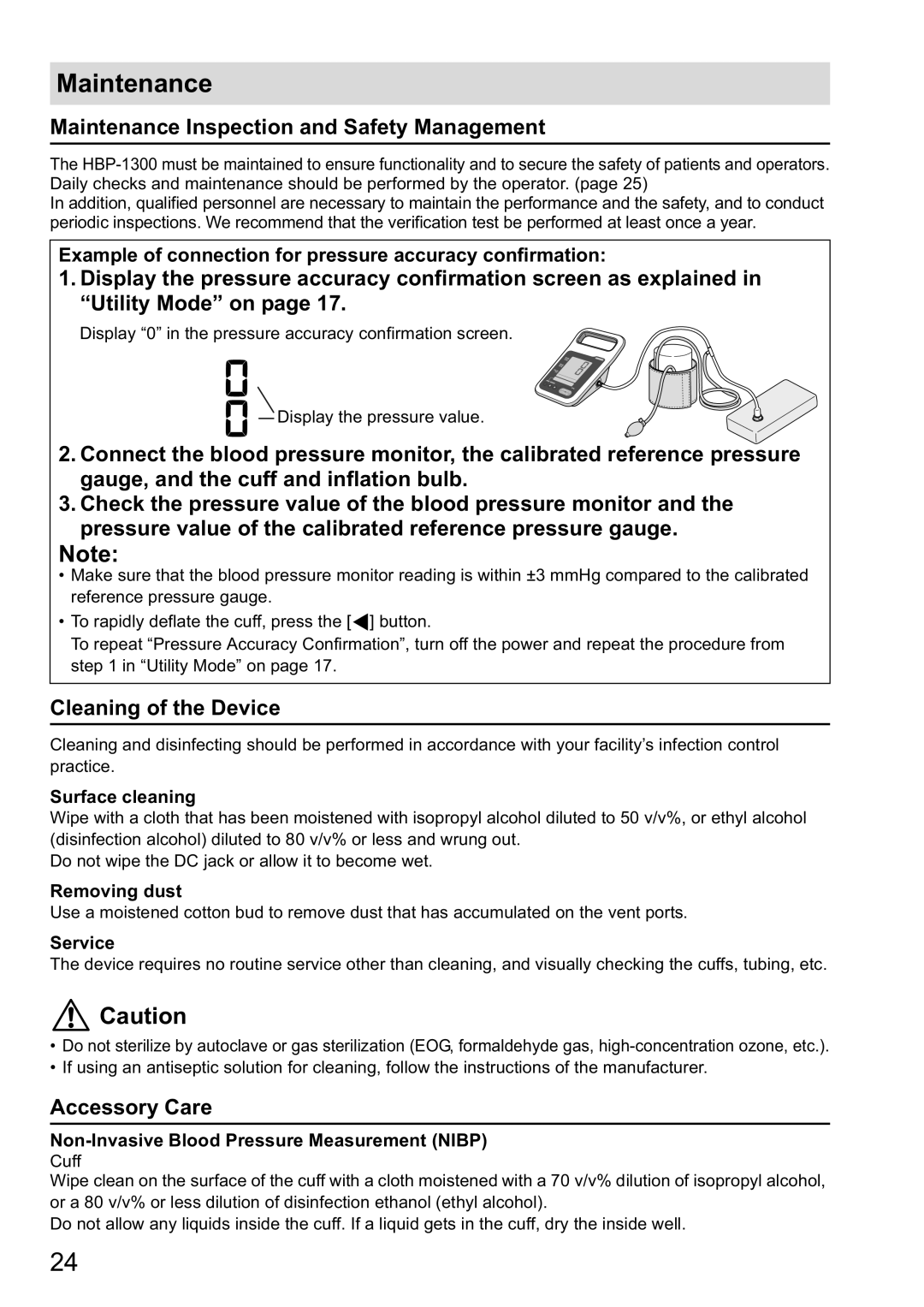 Omron HBP-1300 instruction manual Maintenance Inspection and Safety Management, Cleaning of the Device, Accessory Care 