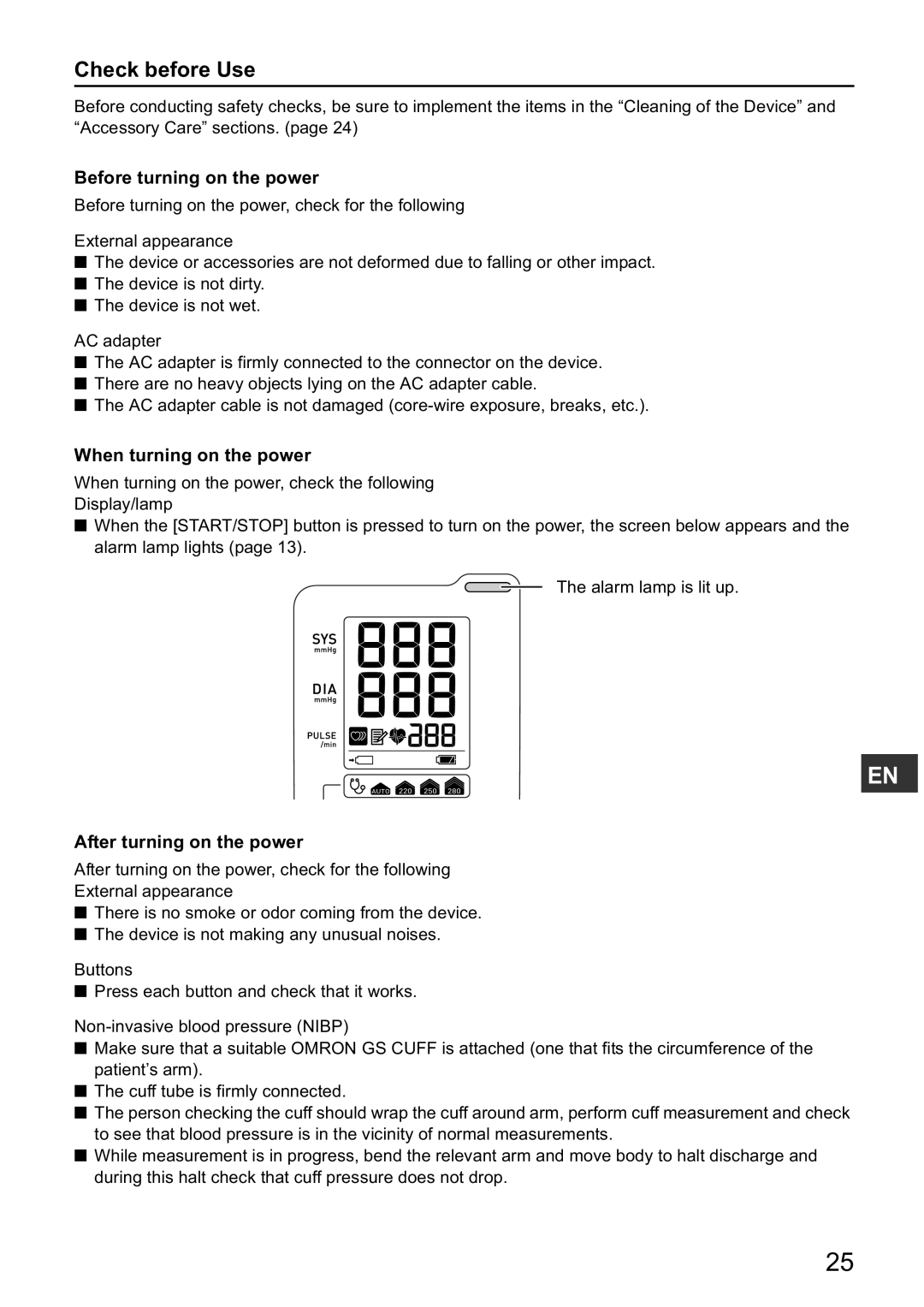 Omron HBP-1300 Check before Use, Before turning on the power, When turning on the power, After turning on the power 