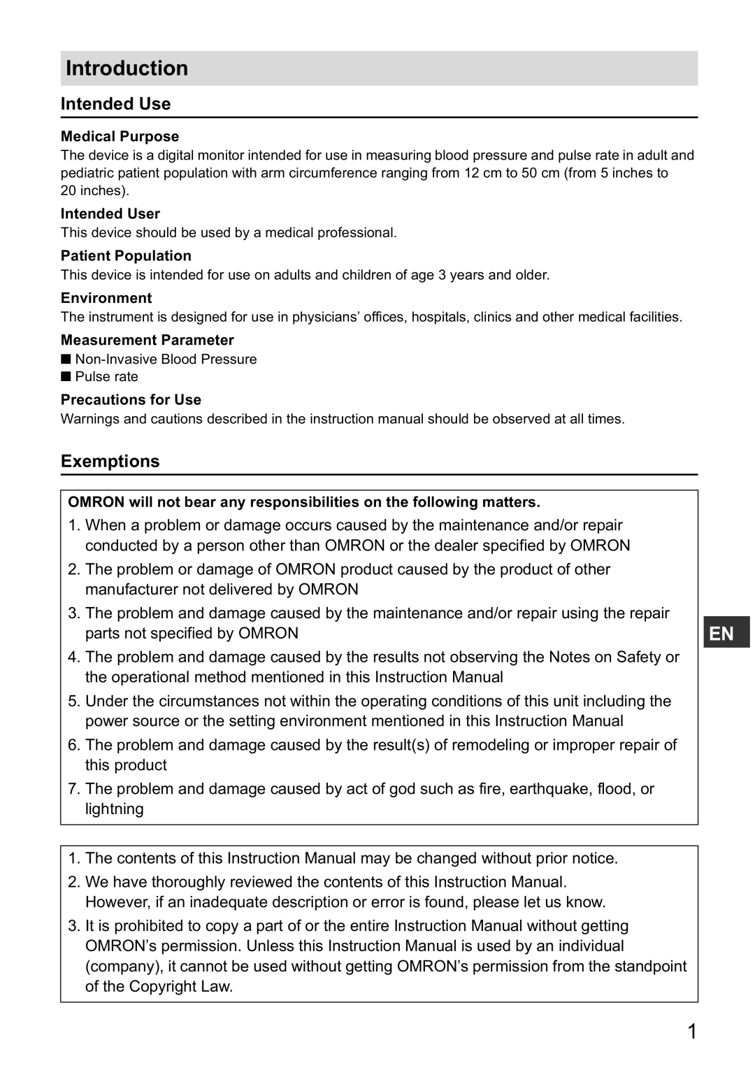 Omron HBP-1300 instruction manual Introduction, Intended Use, Exemptions 