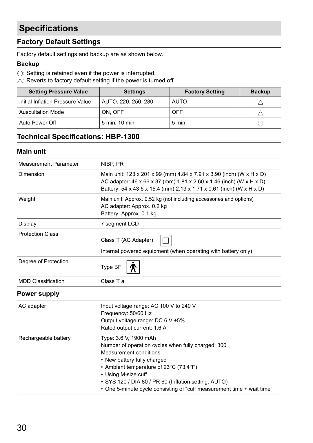 Omron instruction manual Factory Default Settings, Technical Specifications HBP-1300, Main unit, Power supply 