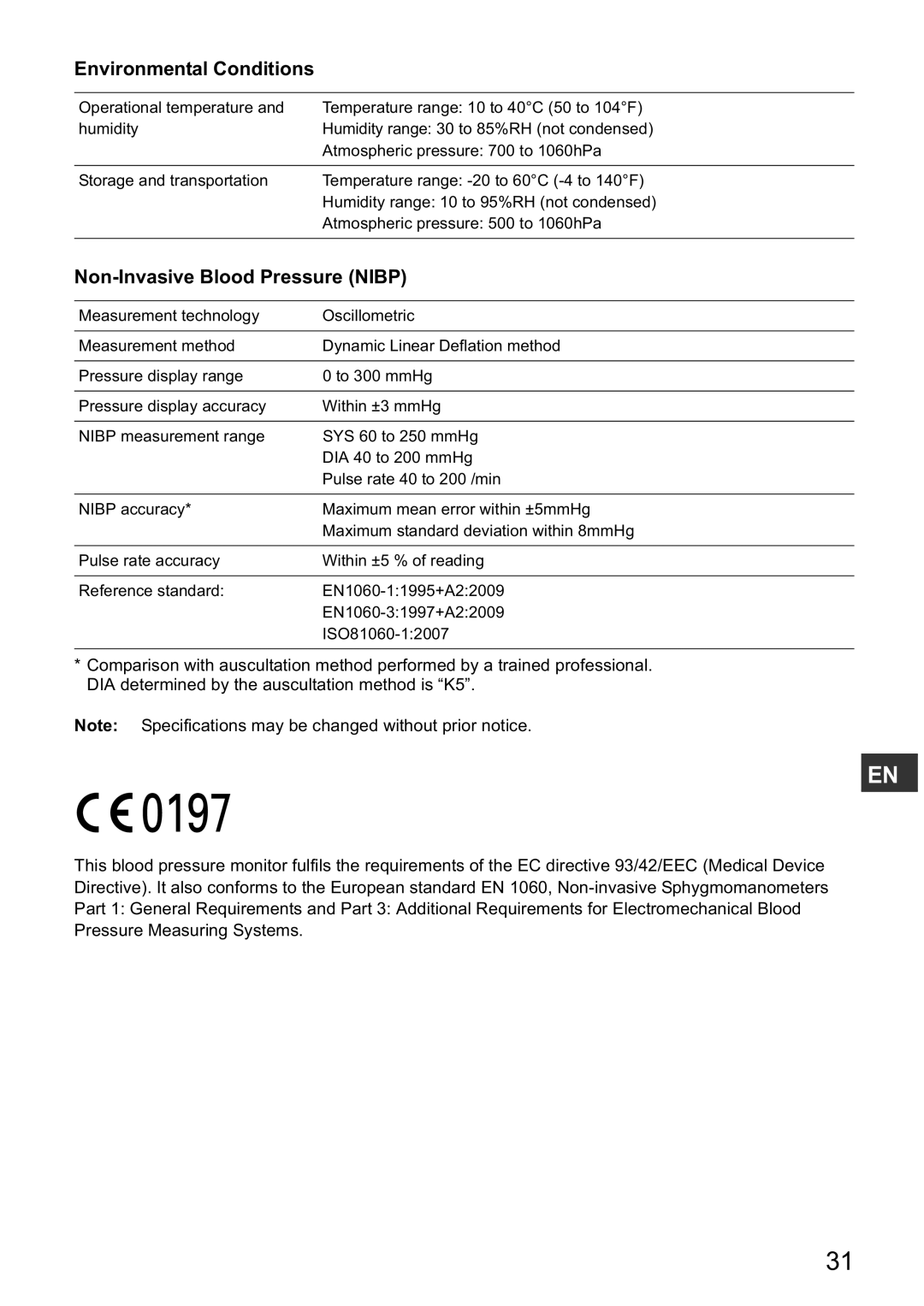 Omron HBP-1300 instruction manual Environmental Conditions, Non-Invasive Blood Pressure Nibp 