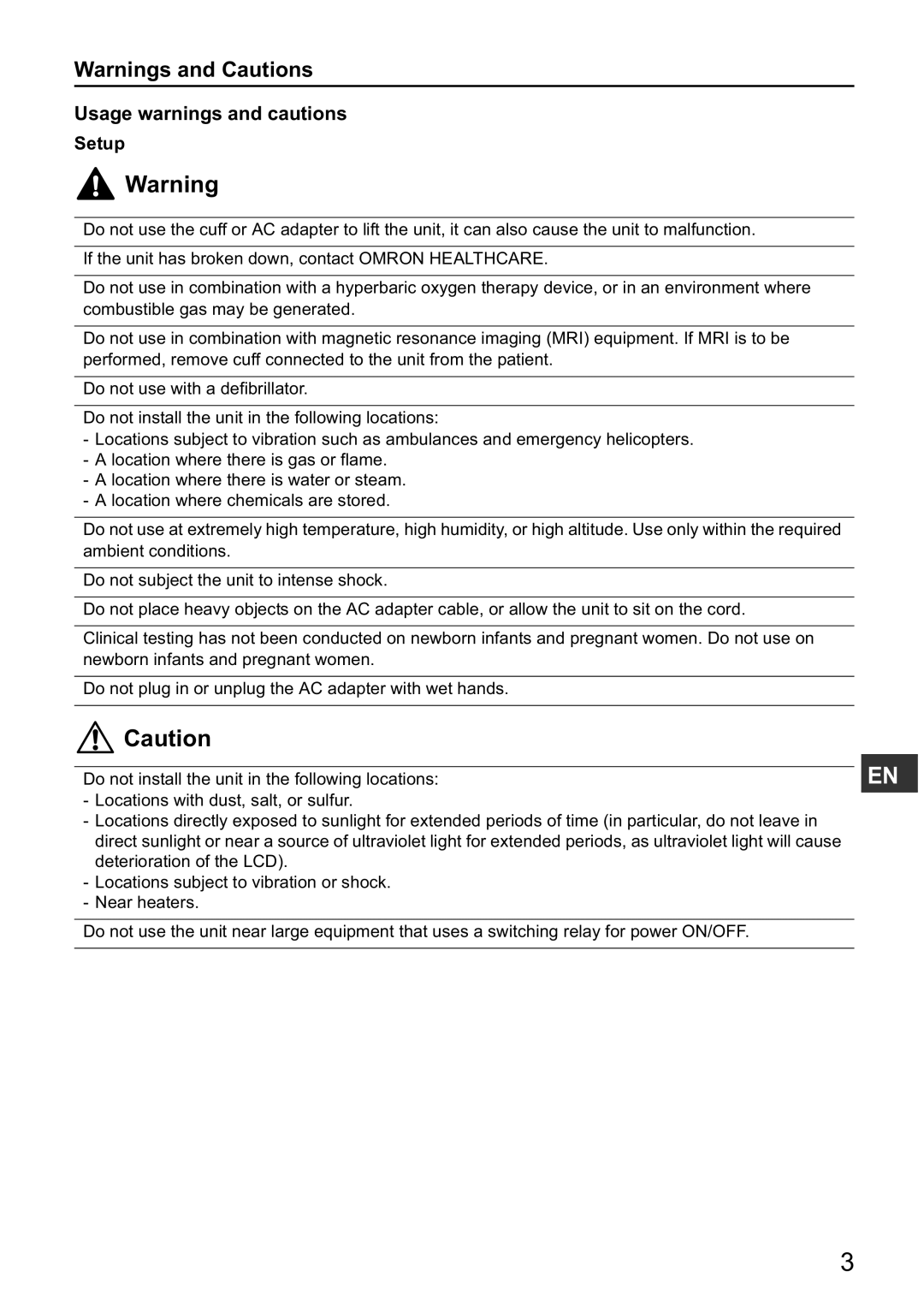 Omron HBP-1300 instruction manual Usage warnings and cautions, Setup 