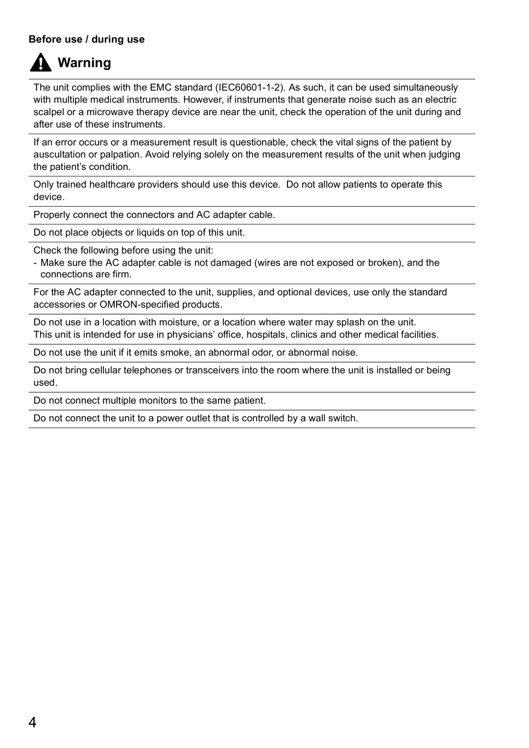 Omron HBP-1300 instruction manual Before use / during use 