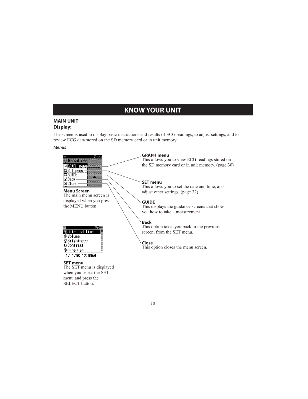 Omron HCG-801 instruction manual Menus Menu Screen, SET menu, Graph menu, Back, Close 