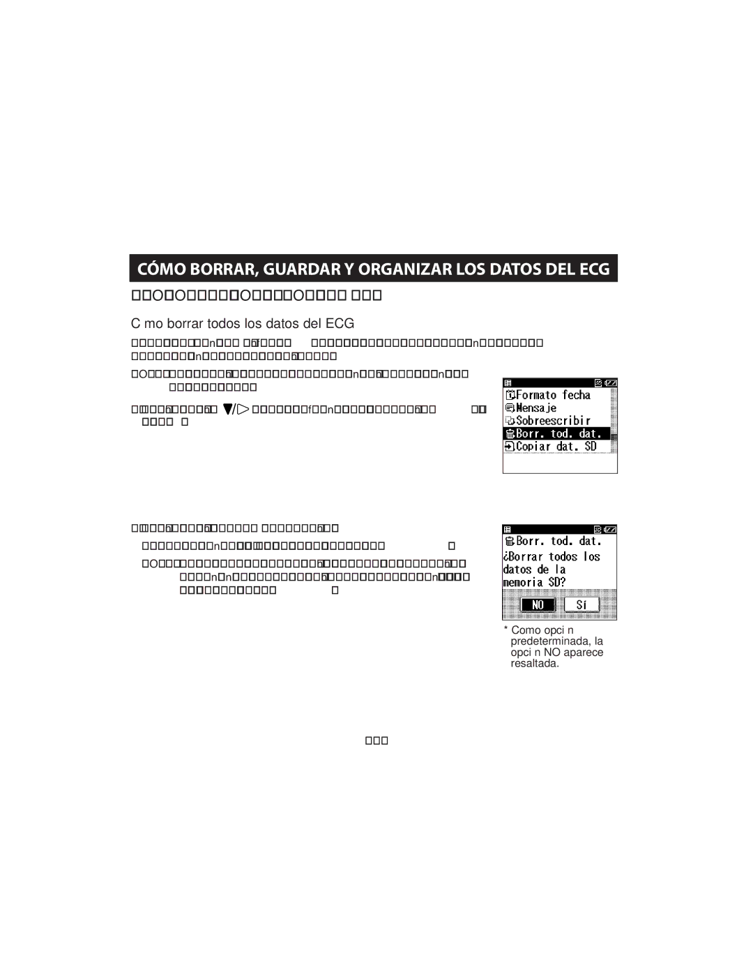 Omron HCG-801 instruction manual Cómo BORRAR, Guardar Y Organizar LOS Datos DEL ECG, Cómo Borrar LOS Datos DEL ECG 