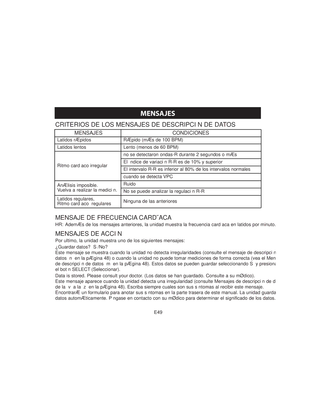 Omron HCG-801 Criterios DE LOS Mensajes DE Descripción DE Datos, Mensaje DE Frecuencia Cardíaca, Mensajes DE Acción 