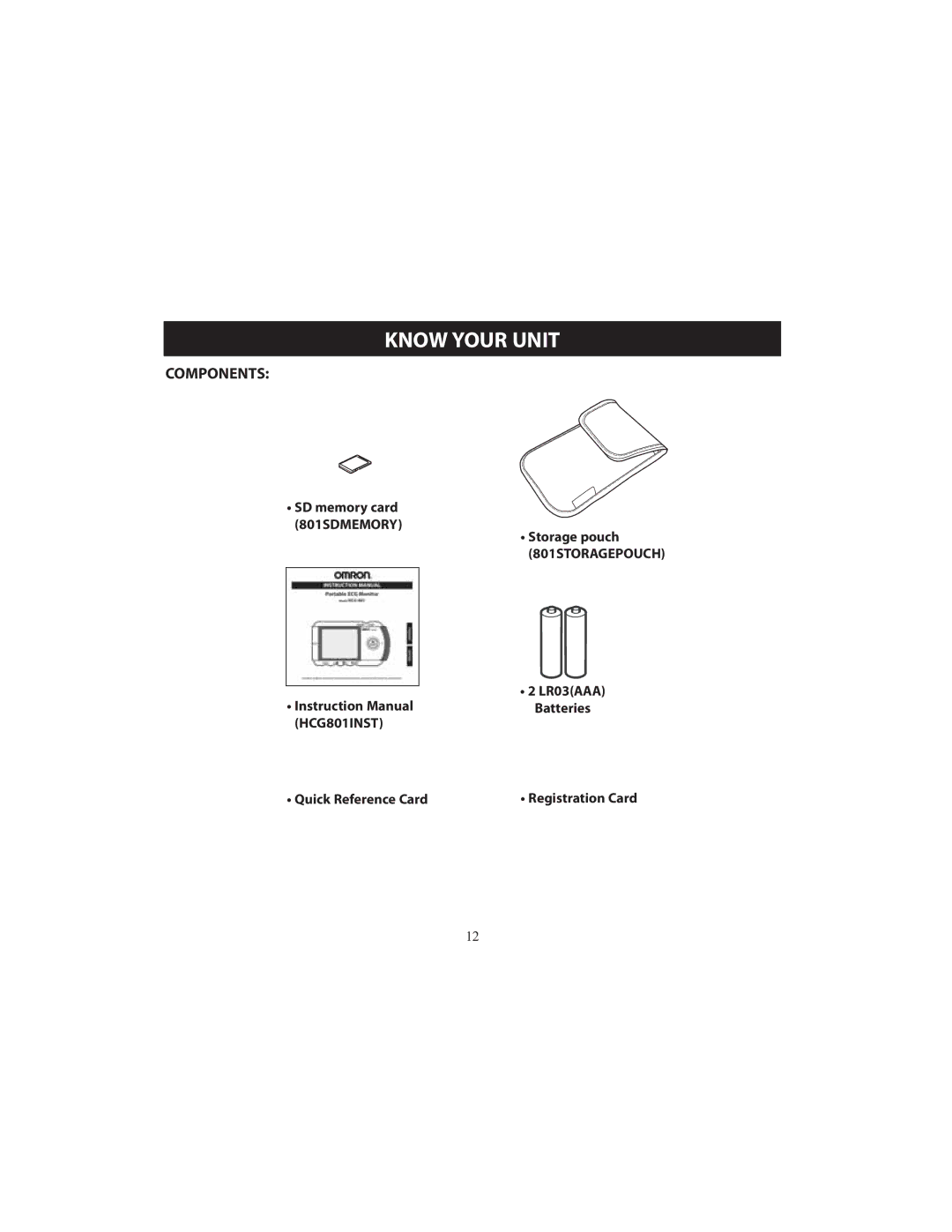 Omron HCG-801 instruction manual SD memory card, Storage pouch, HCG801INST Quick Reference Card 