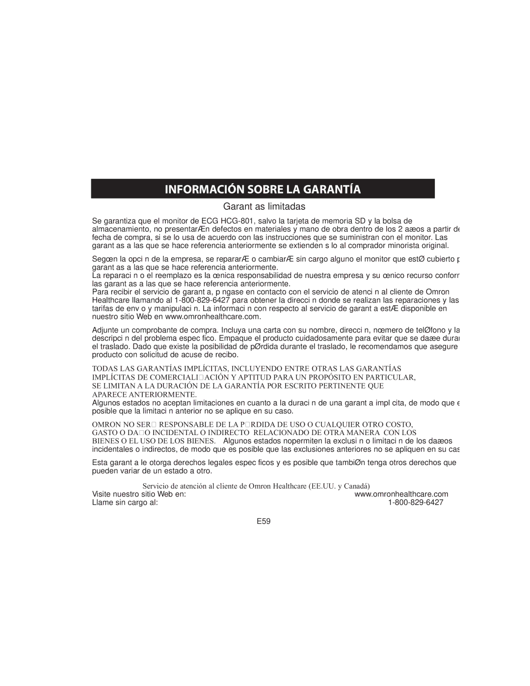 Omron HCG-801 instruction manual Información Sobre LA Garantía, Garantías limitadas 