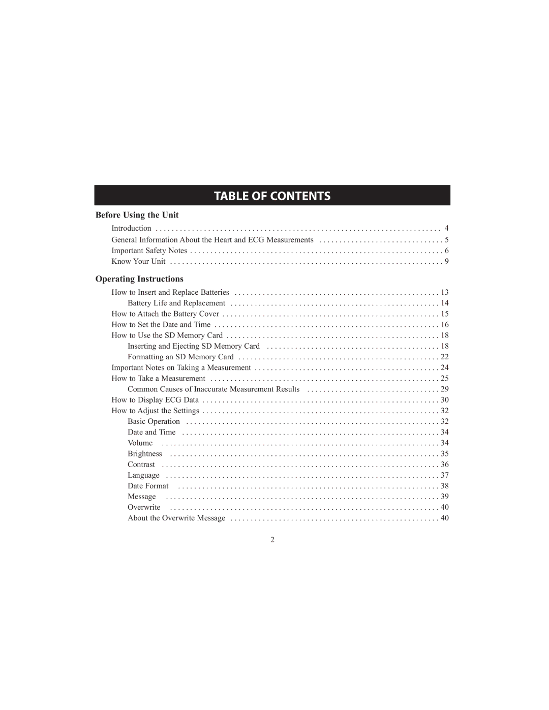 Omron HCG-801 instruction manual Table of Contents 