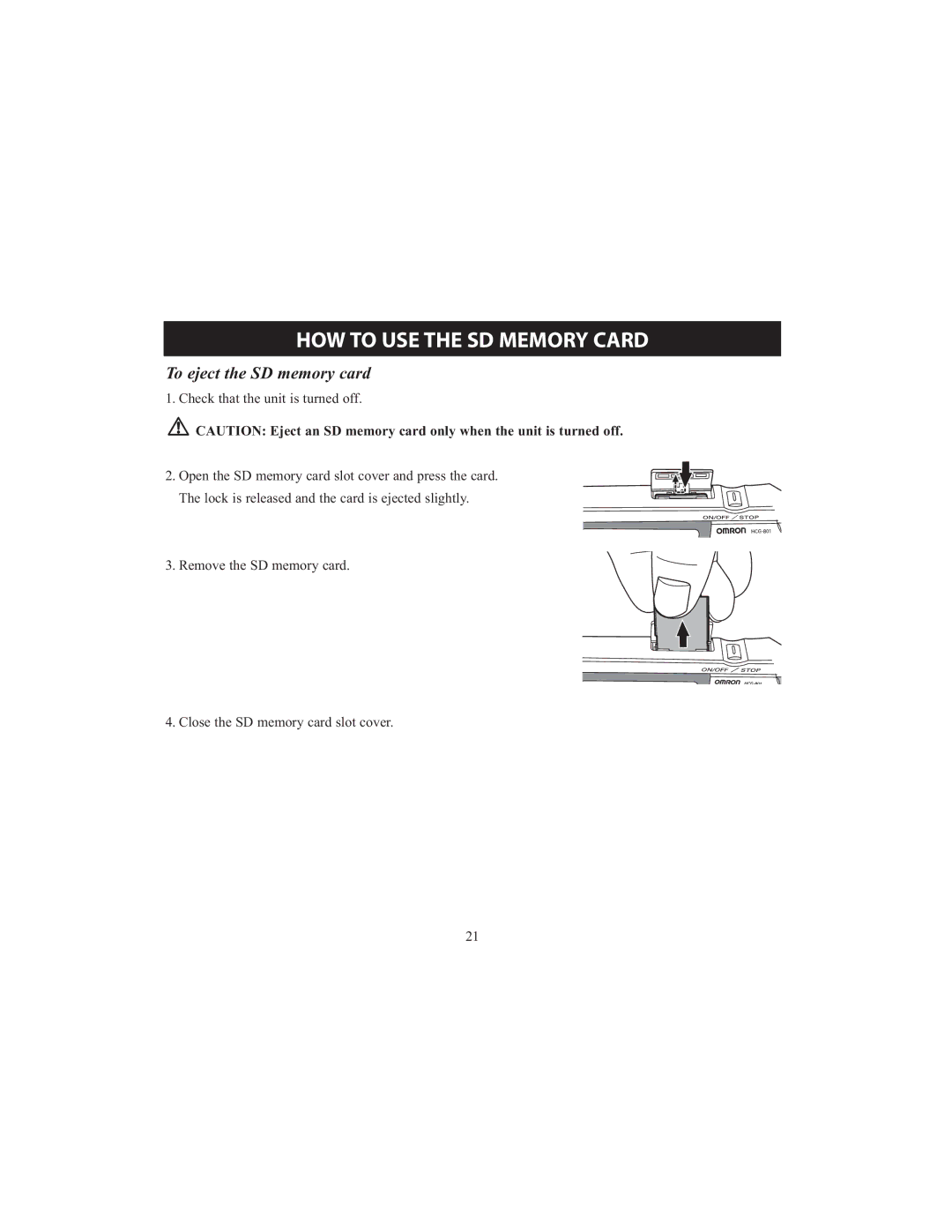 Omron HCG-801 instruction manual To eject the SD memory card 