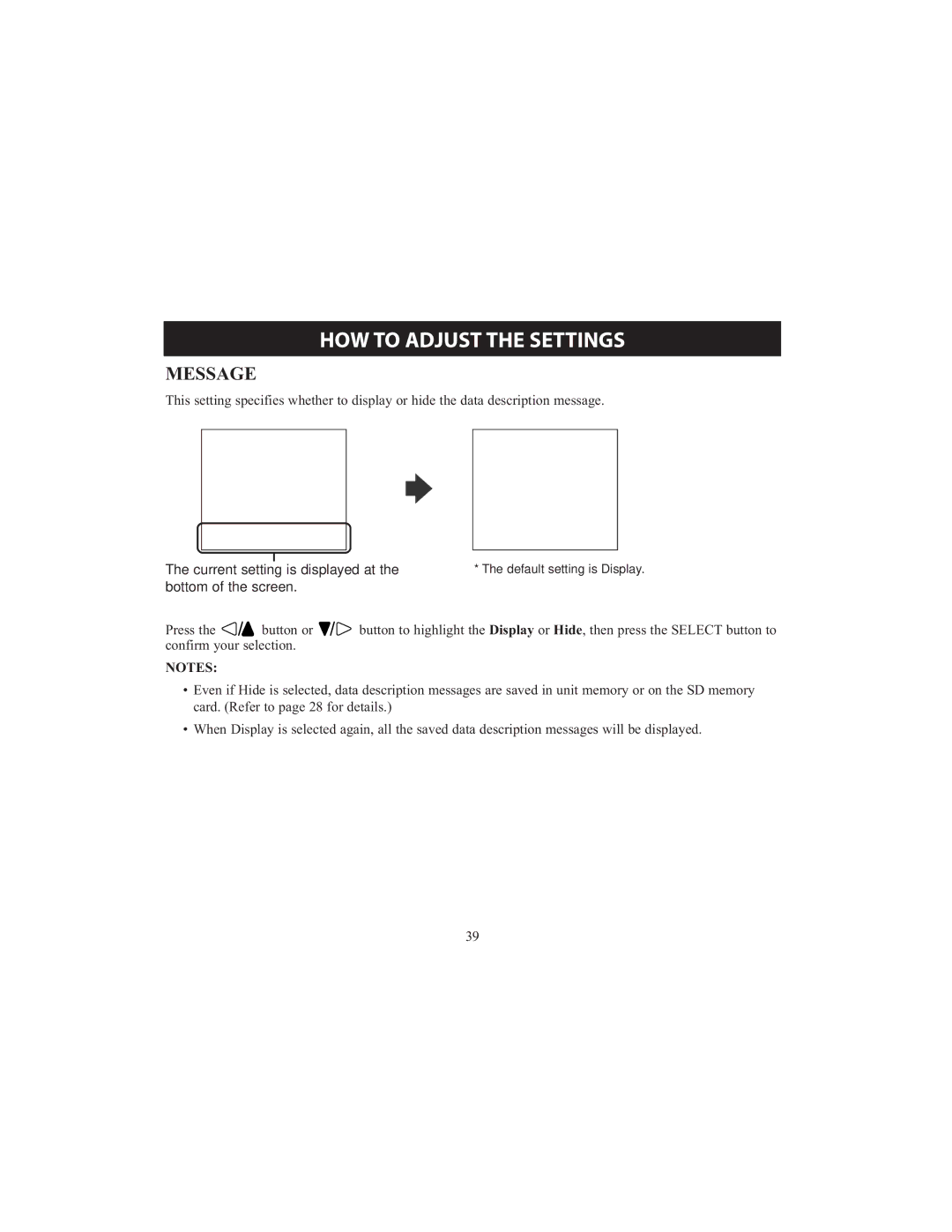 Omron HCG-801 instruction manual Message, Current setting is displayed at the bottom of the screen 