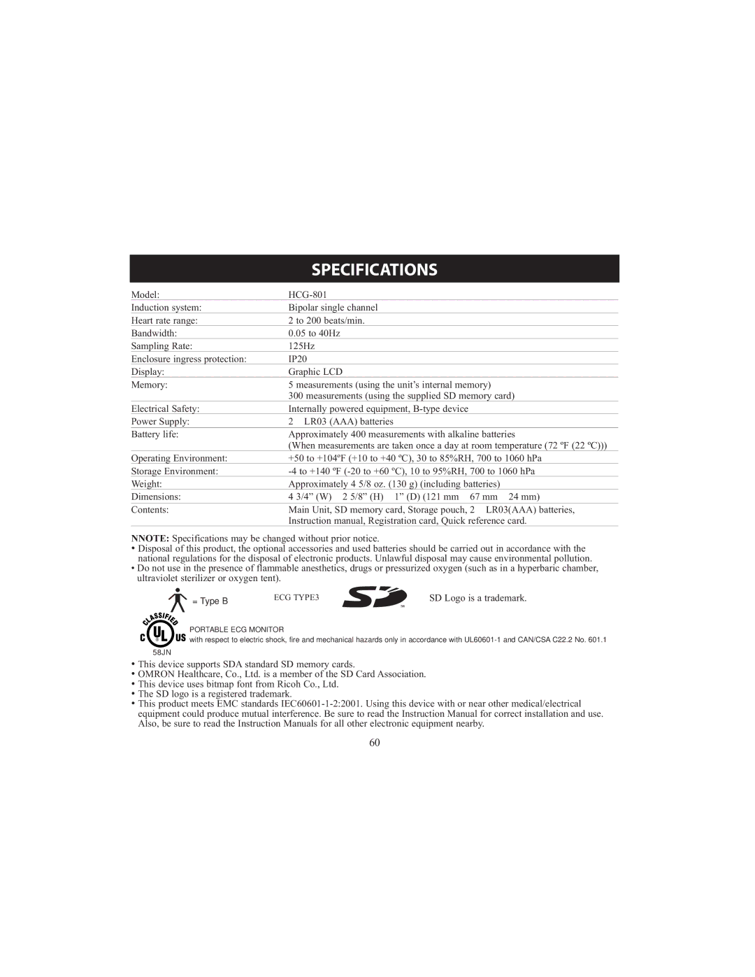 Omron HCG-801 instruction manual Specifications, = Type B 