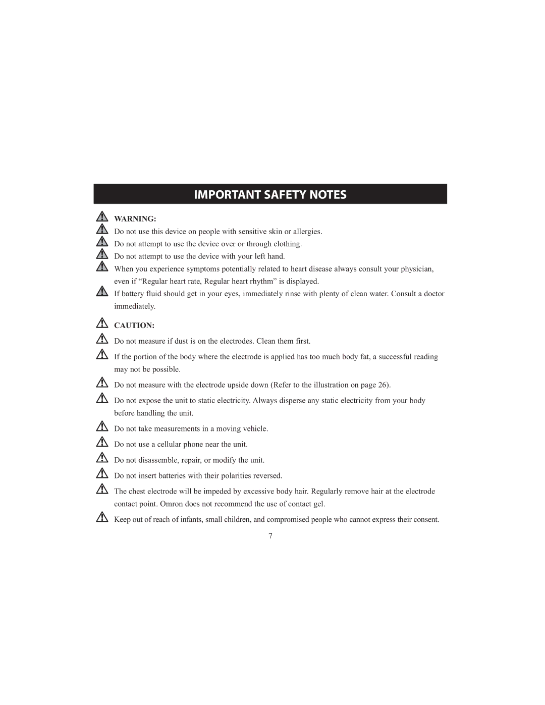 Omron HCG-801 instruction manual Important Safety Notes 