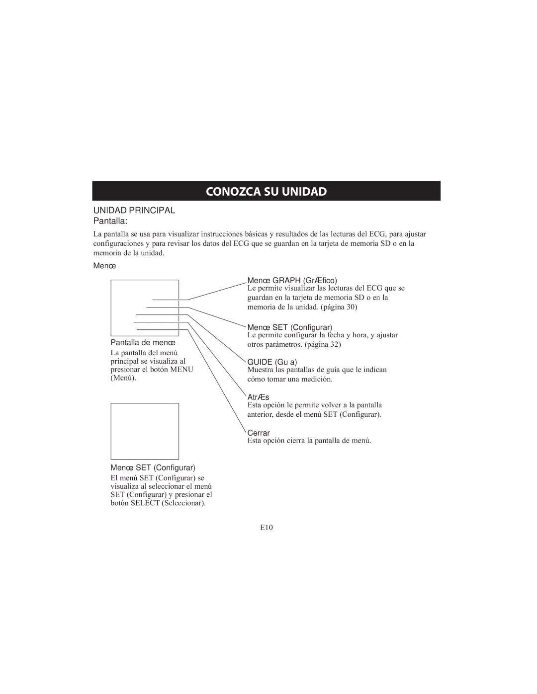 Omron HCG-801 instruction manual Menú Pantalla de menú, Menú SET Configurar, Menú Graph Gráfico, Guide Guía, Atrás, Cerrar 