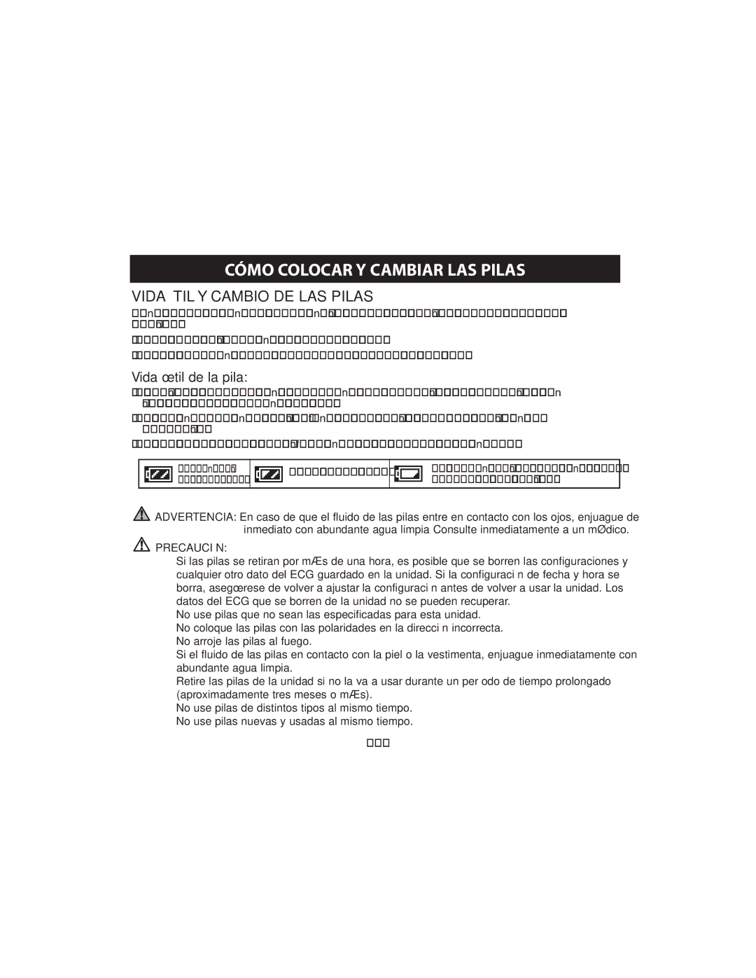 Omron HCG-801 instruction manual Vida Útil Y Cambio DE LAS Pilas, Vida útil de la pila, Queda media carga 