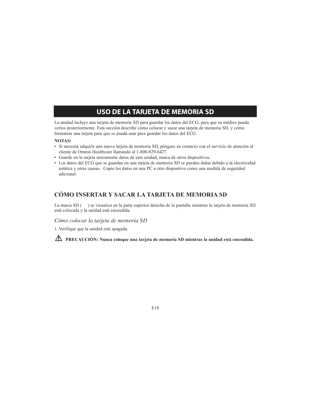 Omron HCG-801 instruction manual USO DE LA Tarjeta DE Memoria SD, Cómo Insertar Y Sacar LA Tarjeta DE Memoria SD 