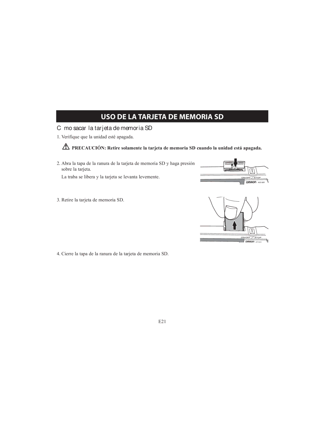 Omron HCG-801 instruction manual Cómo sacar la tarjeta de memoria SD 