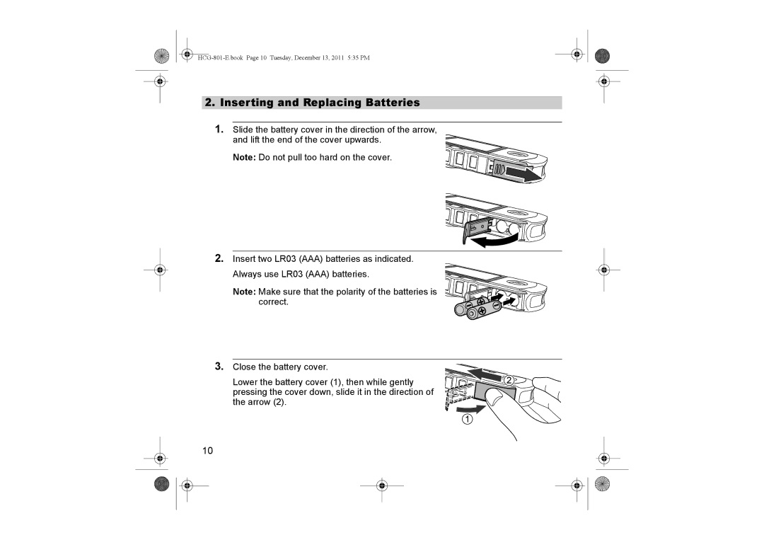 Omron HCG-801 instruction manual Inserting and Replacing Batteries 