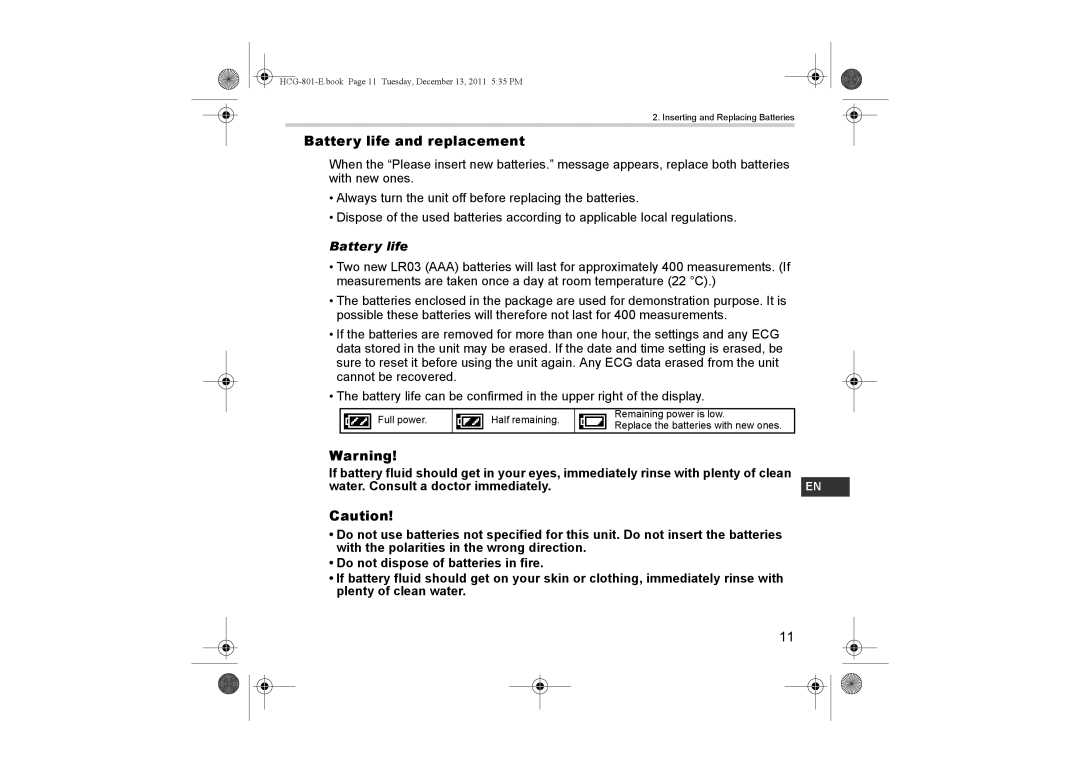 Omron HCG-801 instruction manual Battery life and replacement 