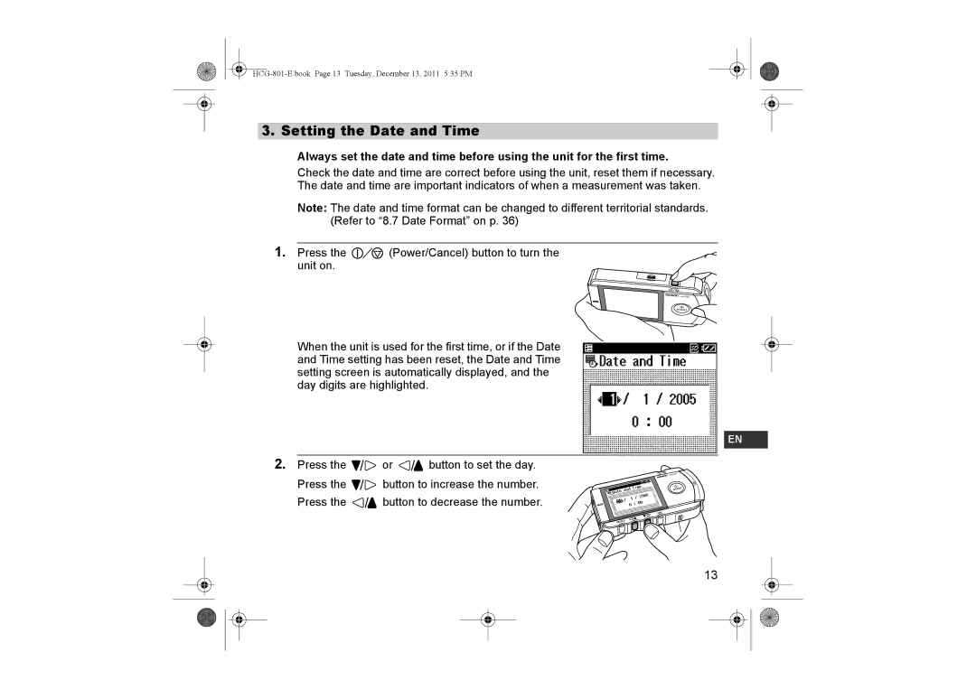 Omron HCG-801 instruction manual Setting the Date and Time 