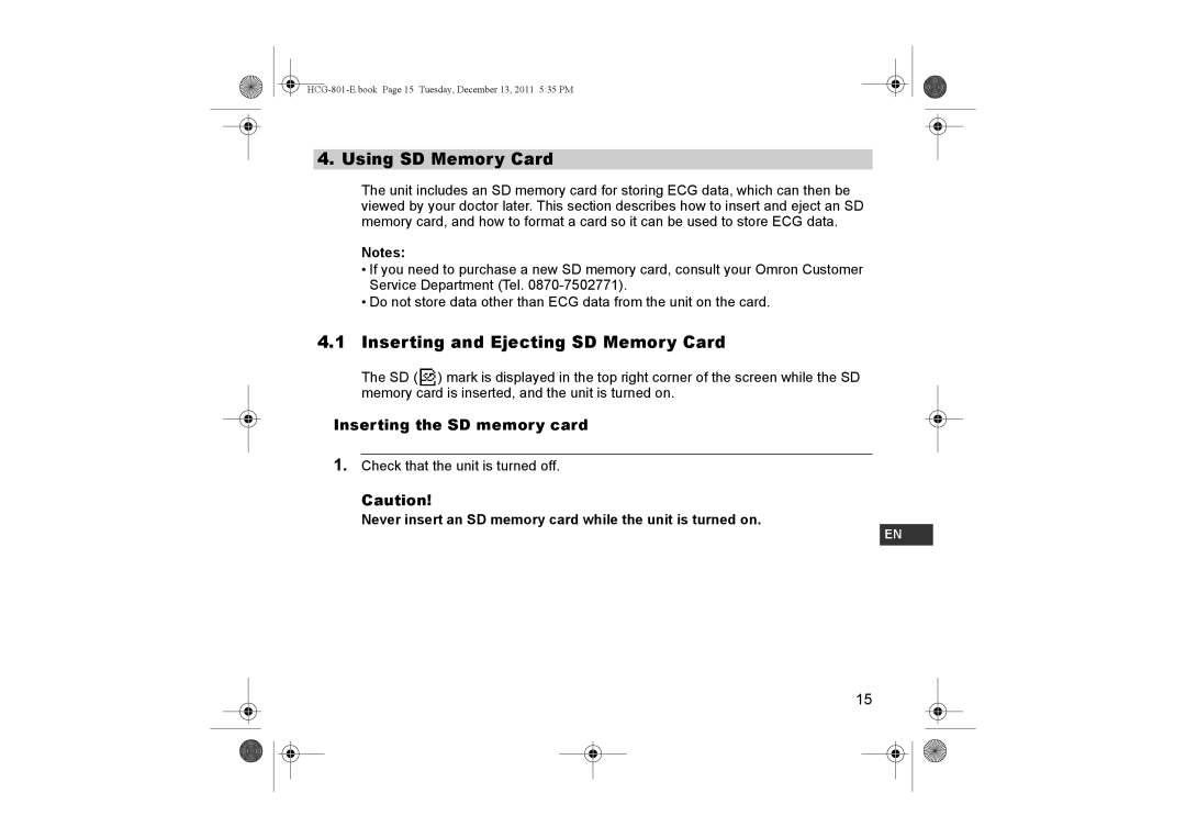 Omron HCG-801 instruction manual Using SD Memory Card, Inserting and Ejecting SD Memory Card, Inserting the SD memory card 