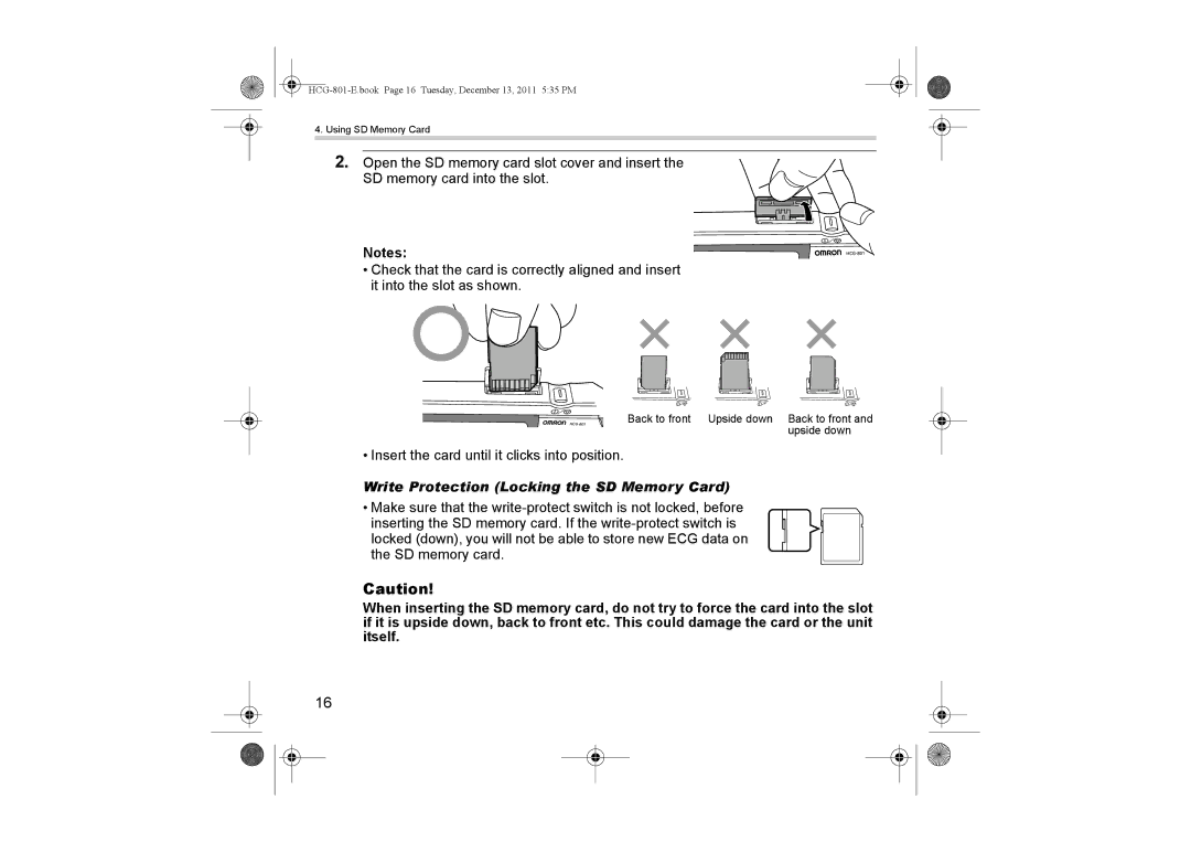 Omron HCG-801 instruction manual Write Protection Locking the SD Memory Card 