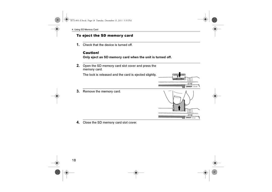 Omron HCG-801 instruction manual To eject the SD memory card, Only eject an SD memory card when the unit is turned off 