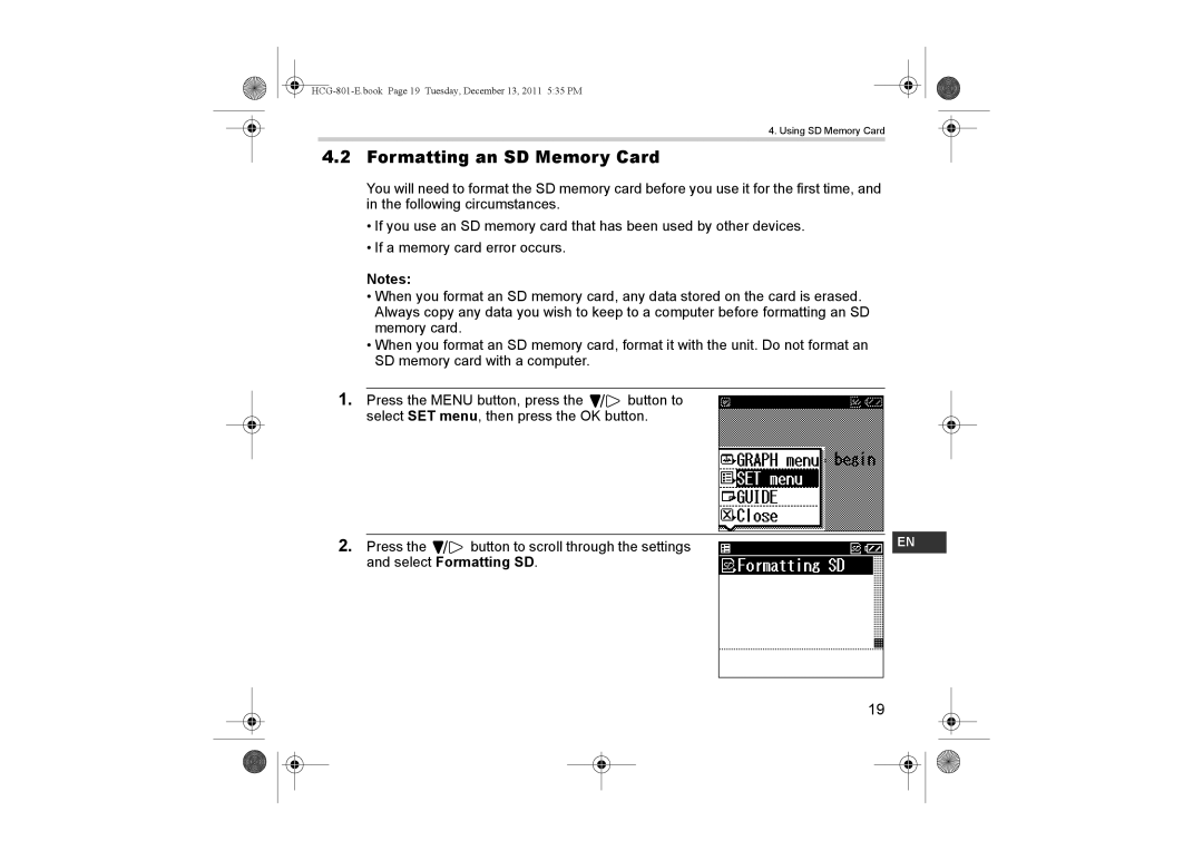 Omron HCG-801 instruction manual Formatting an SD Memory Card 