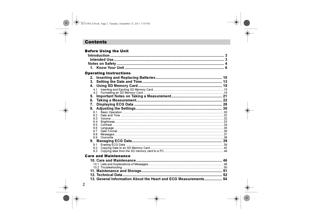 Omron HCG-801 instruction manual Contents 