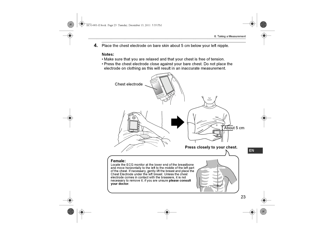 Omron HCG-801 instruction manual Press closely to your chest Female 