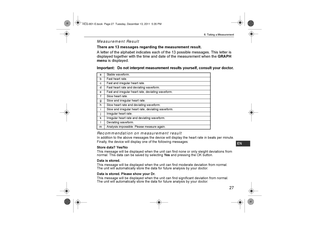 Omron HCG-801 instruction manual Measurement Result, There are 13 messages regarding the measurement result 