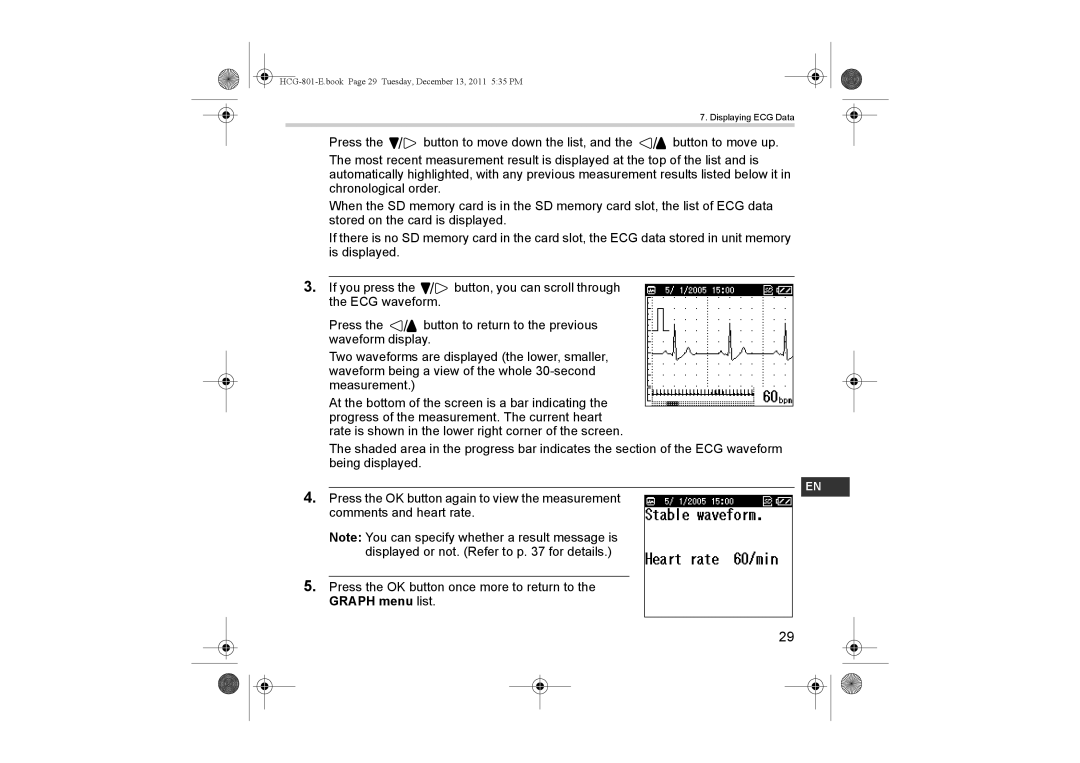 Omron HCG-801 instruction manual Displaying ECG Data 