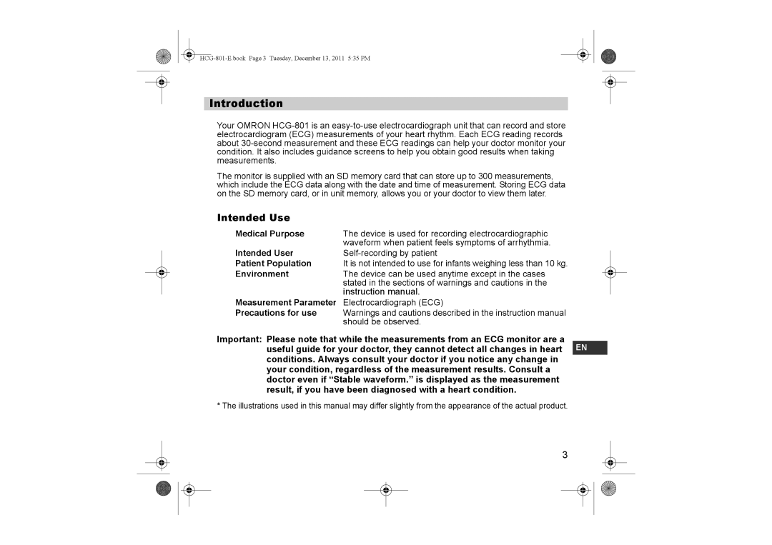 Omron HCG-801 instruction manual Introduction, Intended Use 