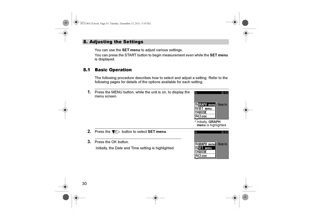 Omron HCG-801 instruction manual Adjusting the Settings, Basic Operation 