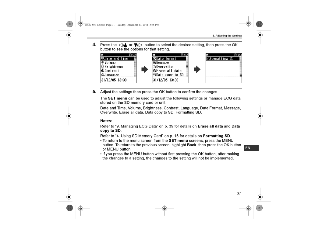 Omron HCG-801 instruction manual Adjusting the Settings 