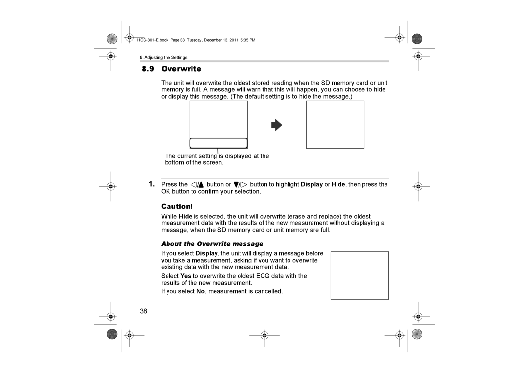 Omron HCG-801 instruction manual About the Overwrite message 